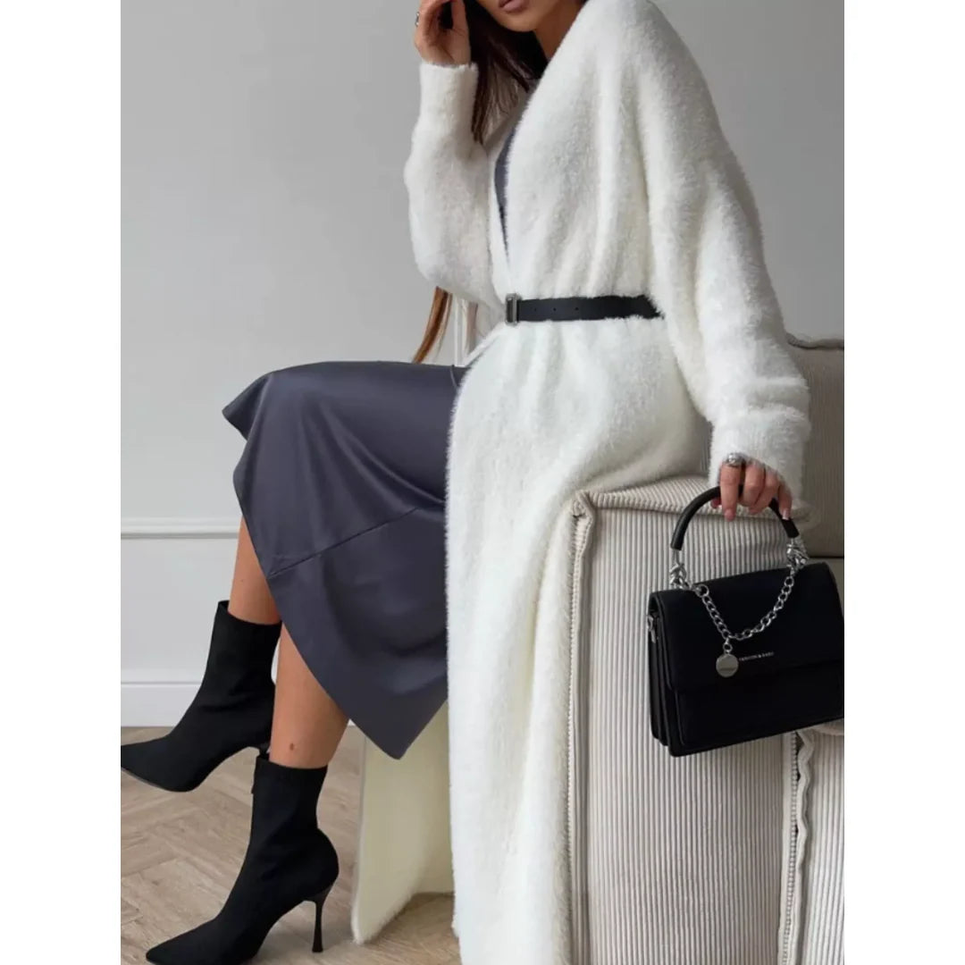 Women's fluffy longline open front cardigan