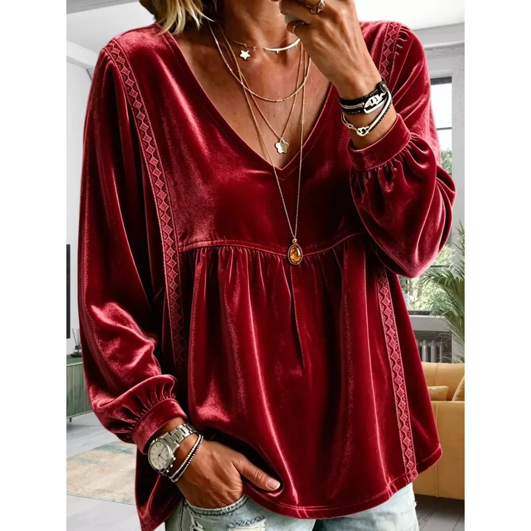 Women's velvet-touch lace detail V-neck blouse in burgundy