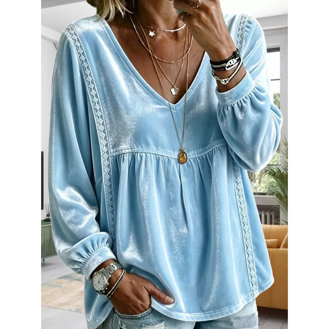Women's velvet-touch lace detail V-neck blouse in sky blue