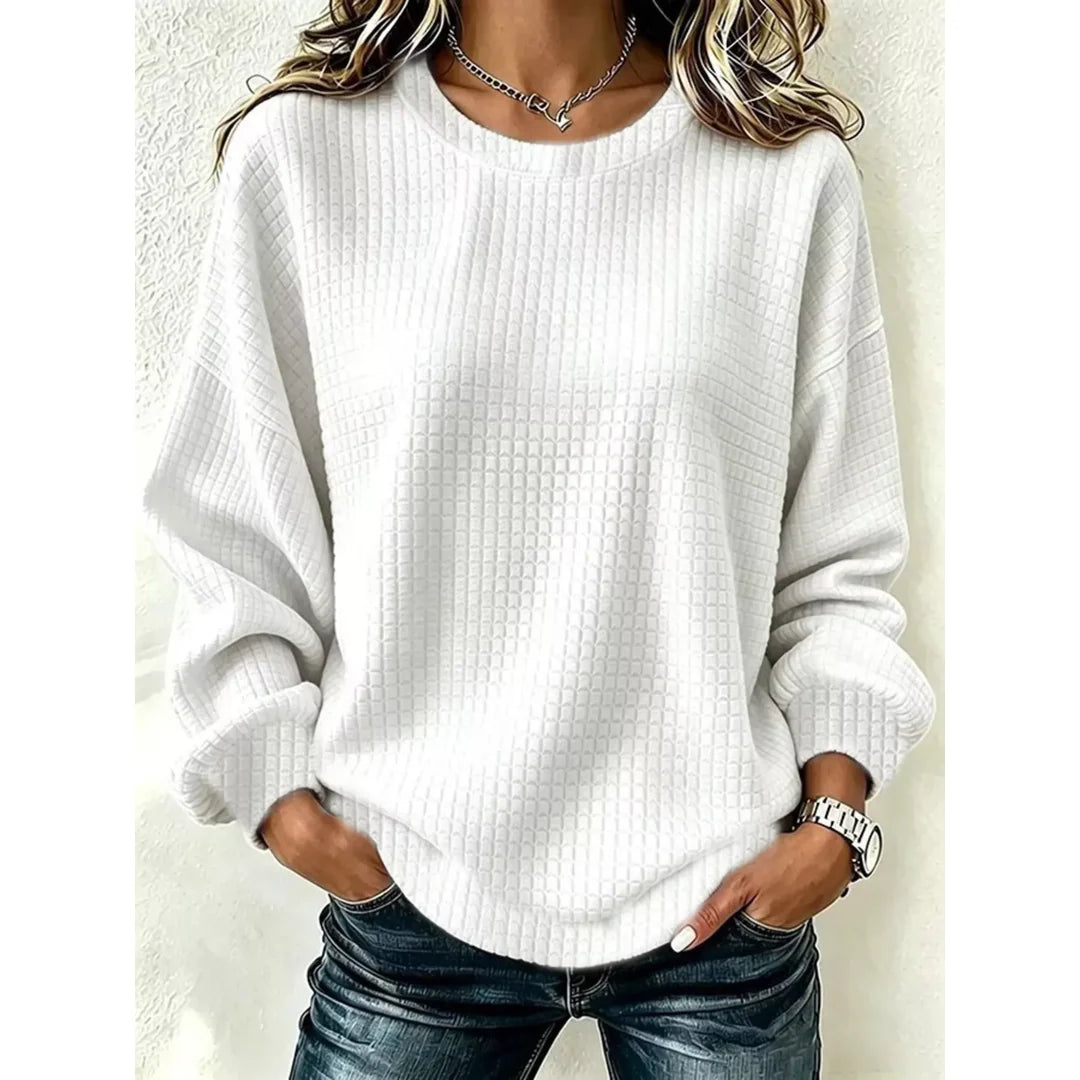 Women's waffle knit crew neck sweatshirt in white
