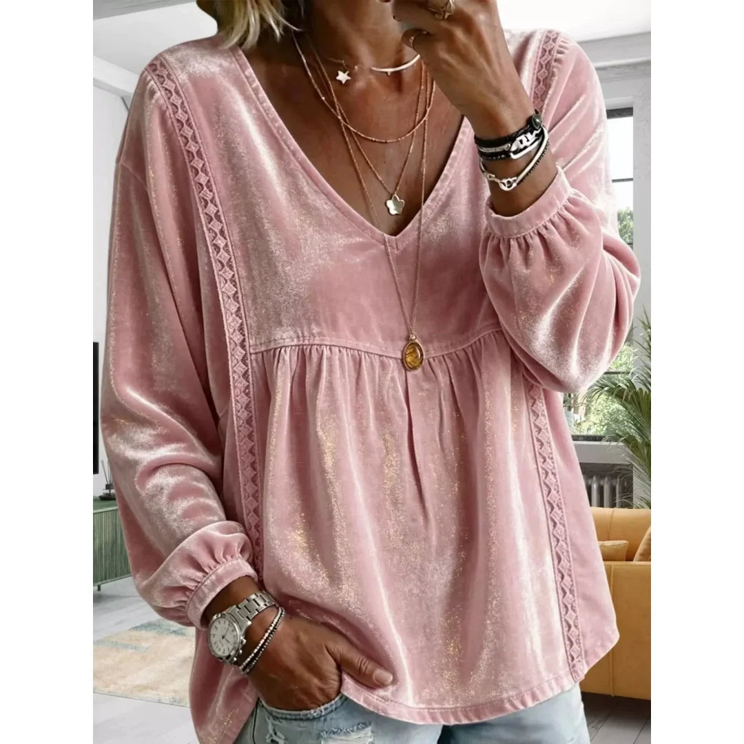 Women's velvet-touch lace detail V-neck blouse in pink