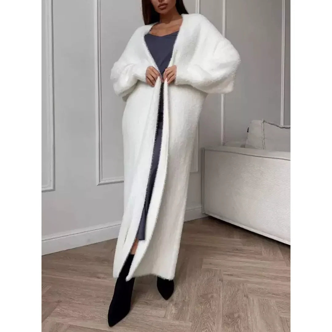 Women's fluffy longline open front cardigan in white