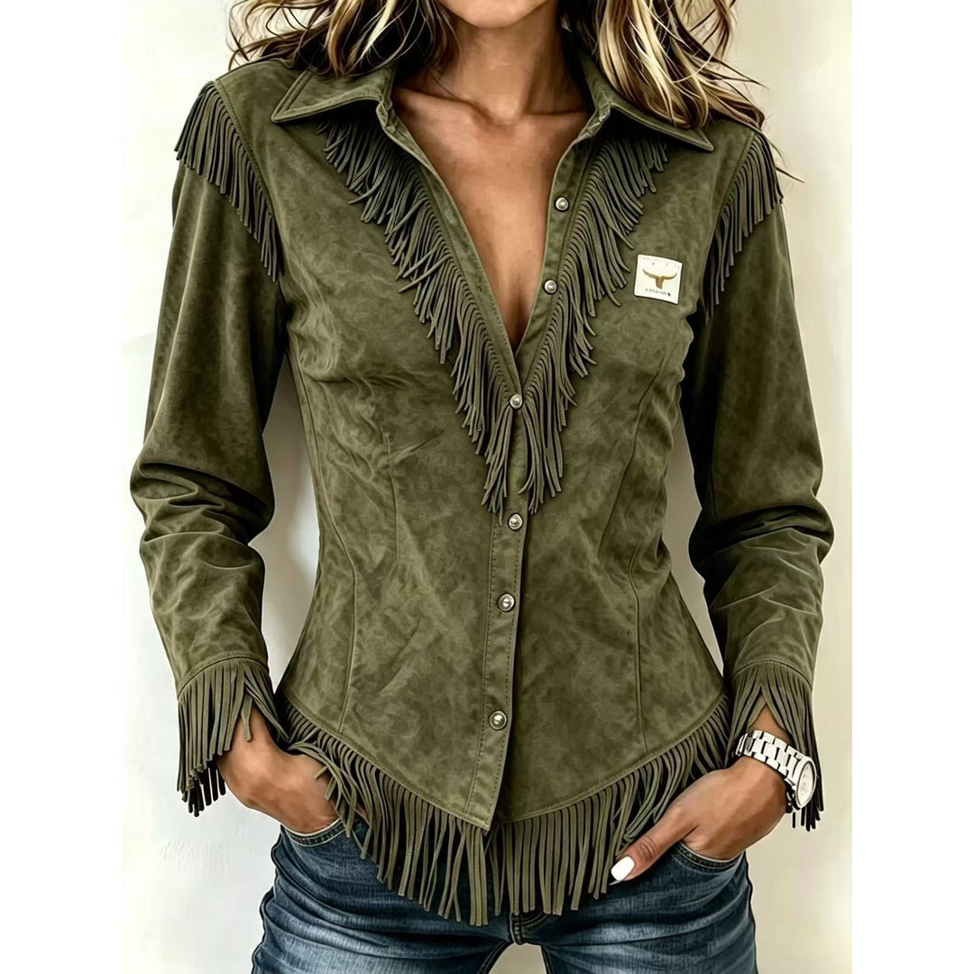 Women's fringe trim collared button-up shirt in army green