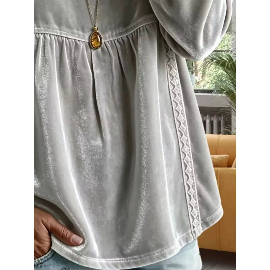 Women's velvet-touch lace detail V-neck blouse