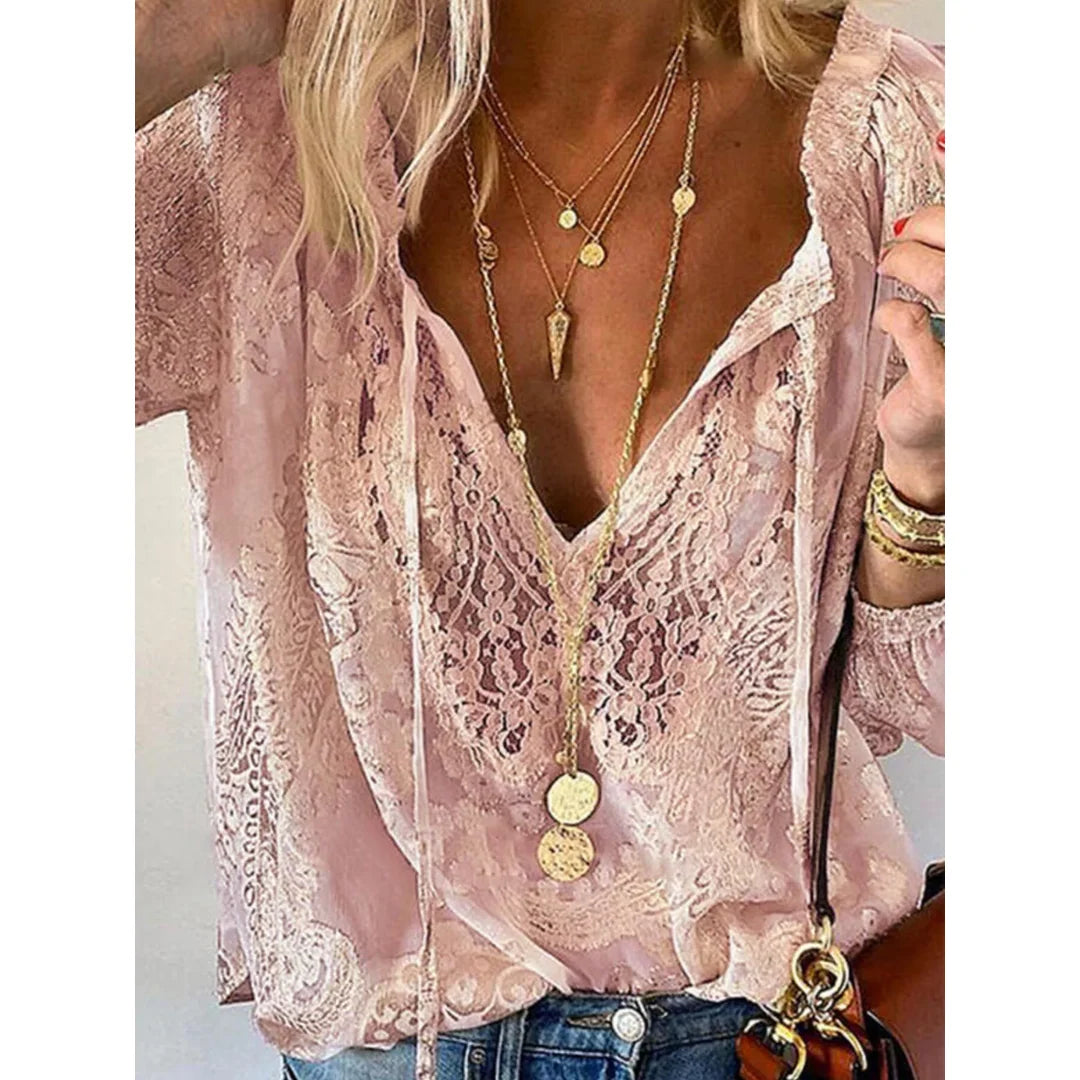 Women's lace tie neck blouse in pink
