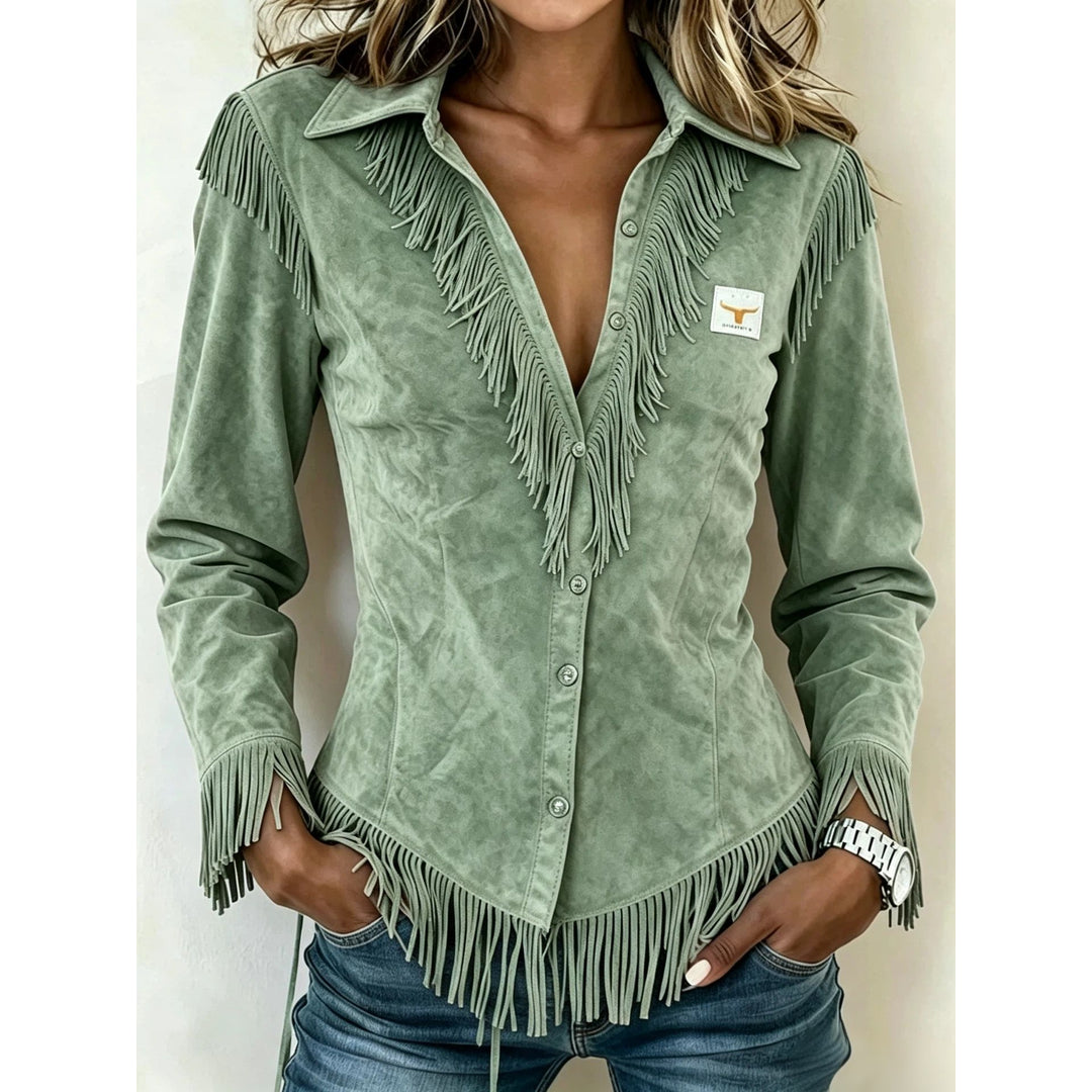 Women's fringe trim collared button-up shirt in light green