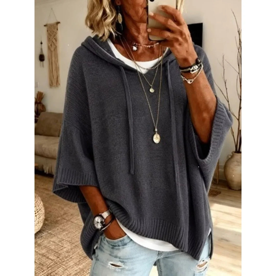 Women's hooded batwing sleeve knit jumper in grey