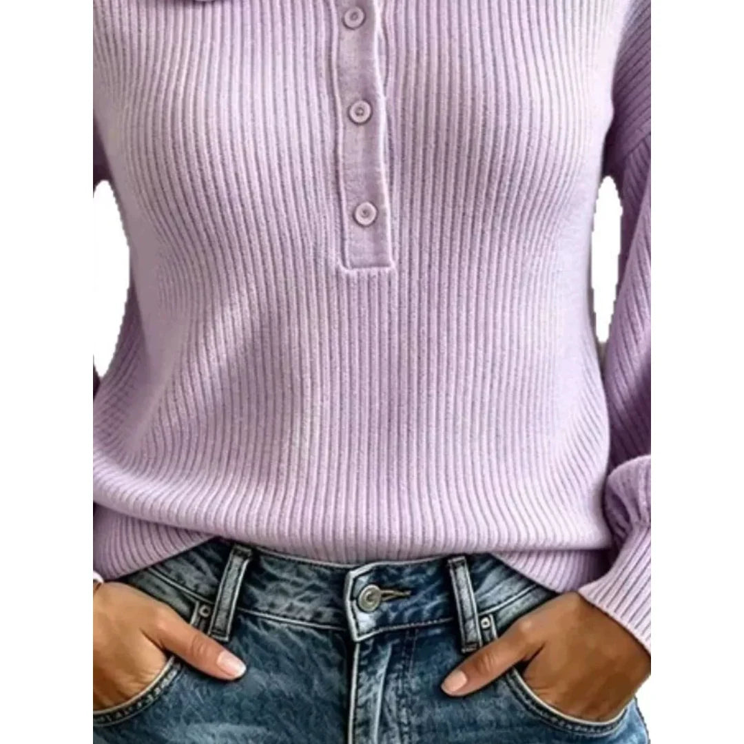 Women's ruffle collar ribbed knit jumper with button detail