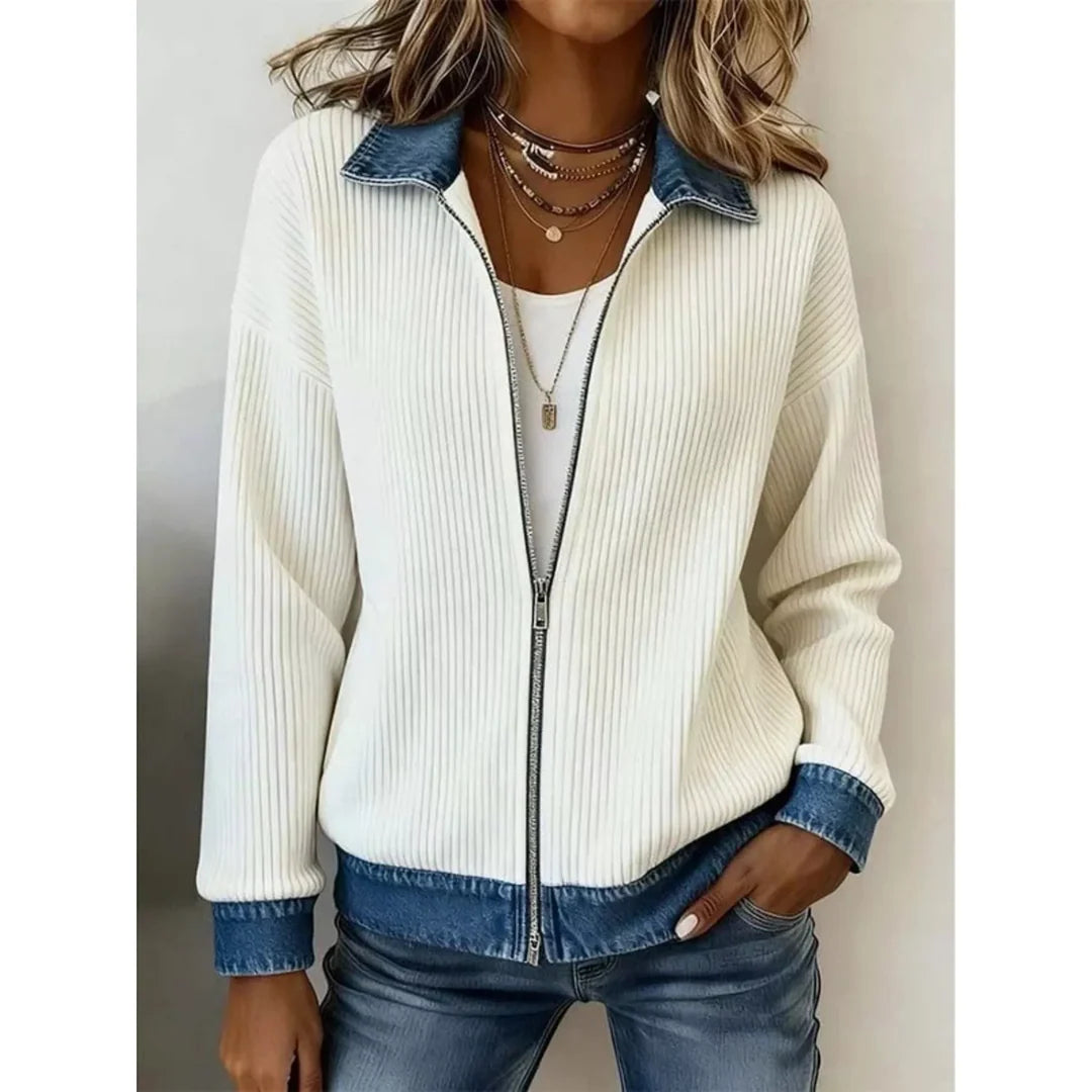 Women's ribbed knit zip jacket with denim-look collar