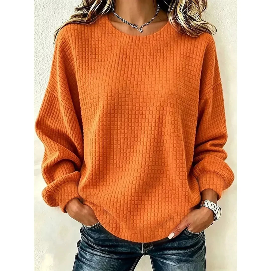Women's waffle knit crew neck sweatshirt in orange