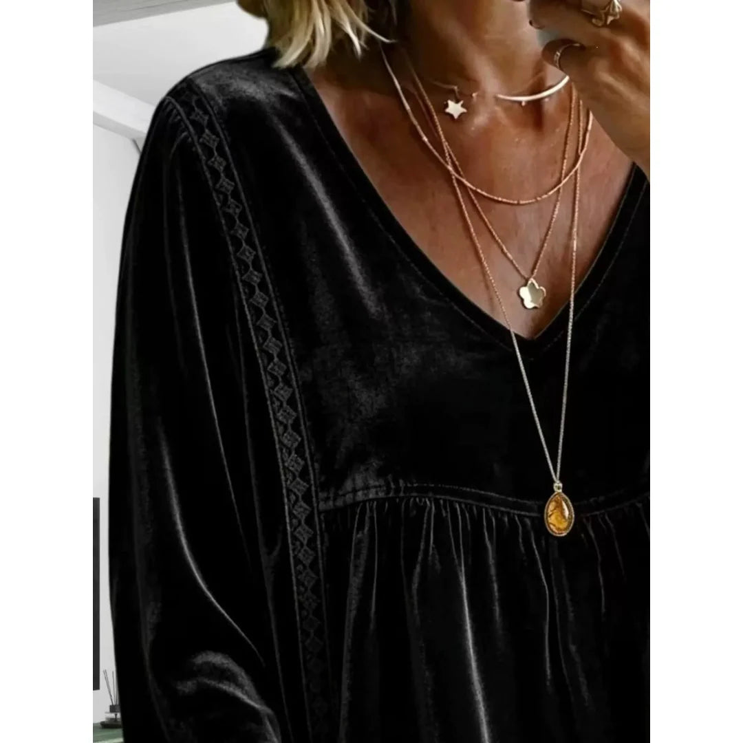 Women's velvet-touch lace detail V-neck blouse