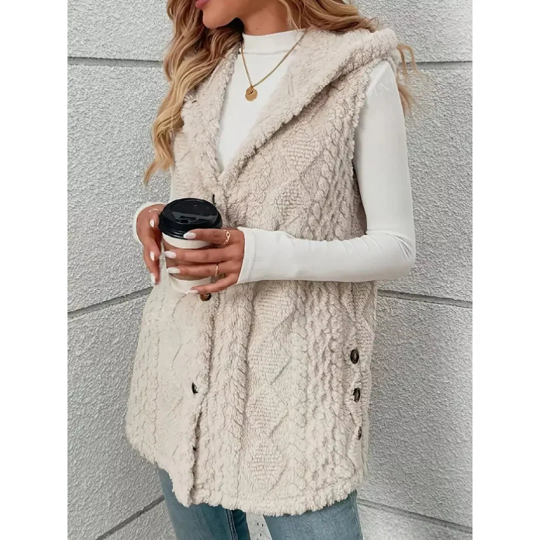 Women's hooded sherpa-look button-up gilet