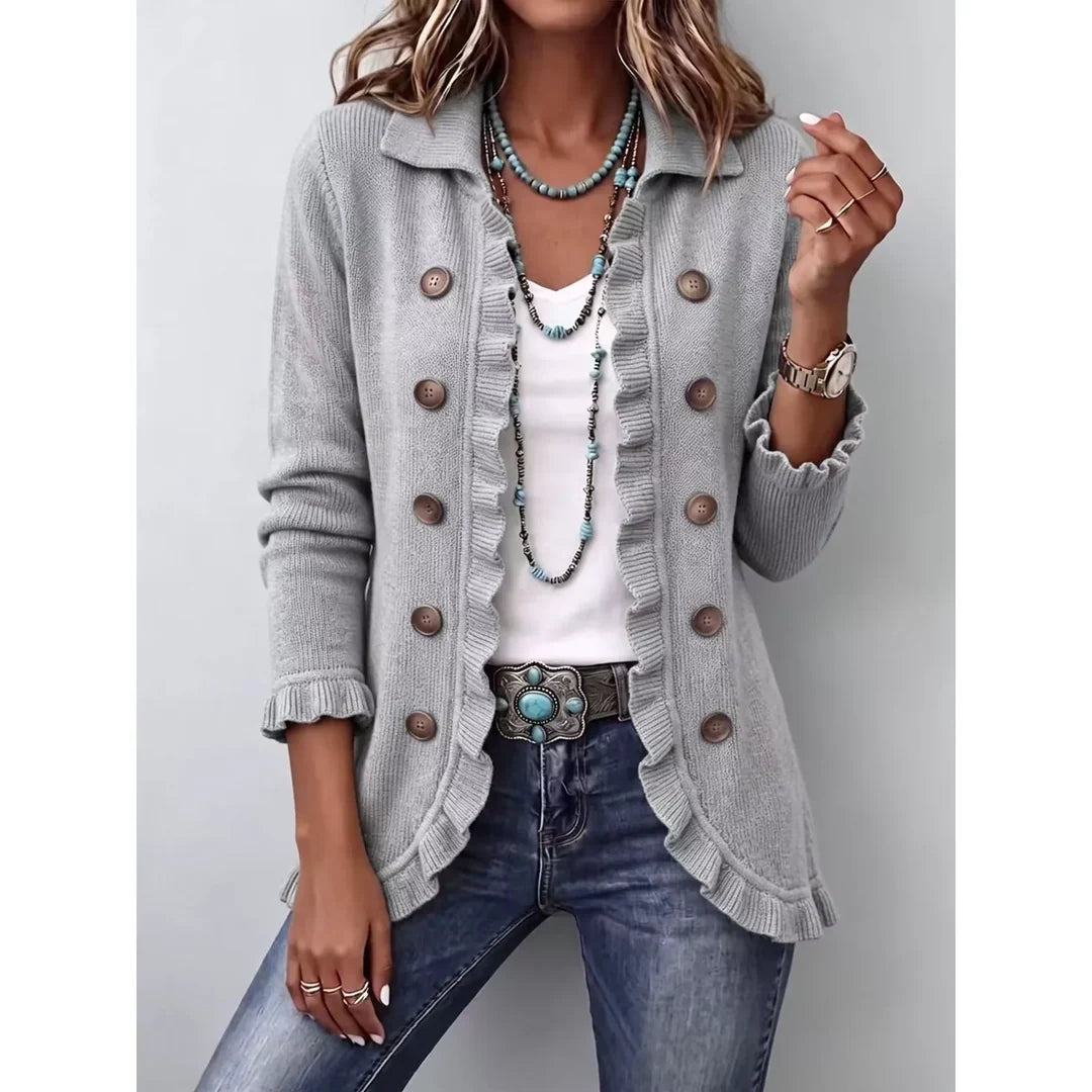 Women's ruffle trim ribbed knit button cardigan in grey