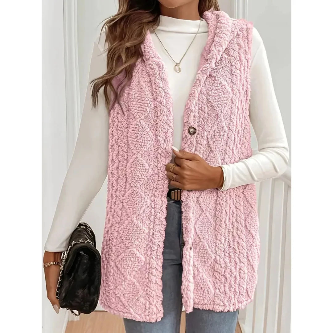 Women's hooded sherpa-look button-up gilet in blush pink