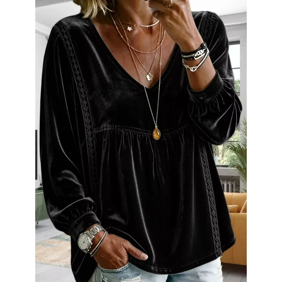 Women's velvet-touch lace detail V-neck blouse in black