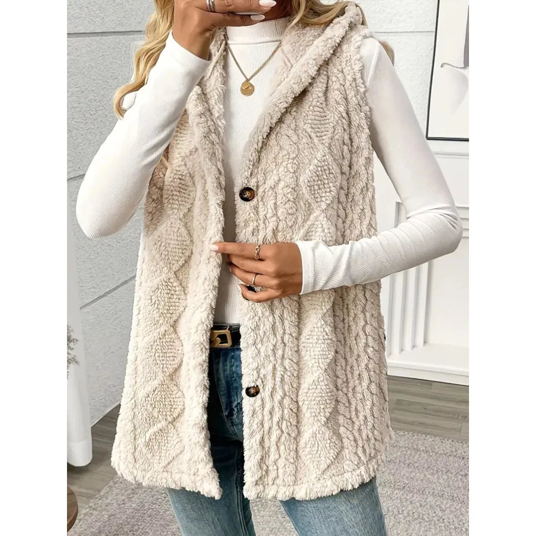 Women's hooded sherpa-look button-up gilet