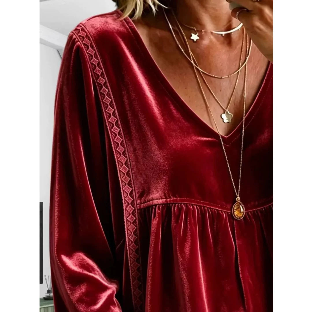 Women's velvet-touch lace detail V-neck blouse