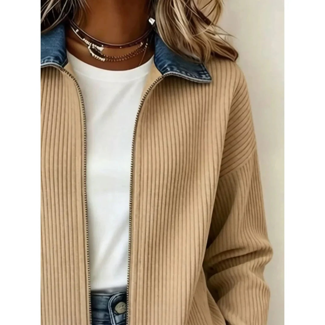 Women's ribbed knit zip jacket with denim-look collar