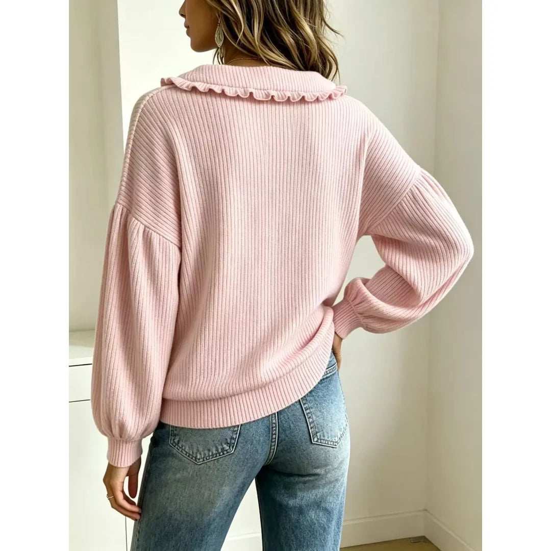 Women's ruffle collar ribbed knit jumper with button detail