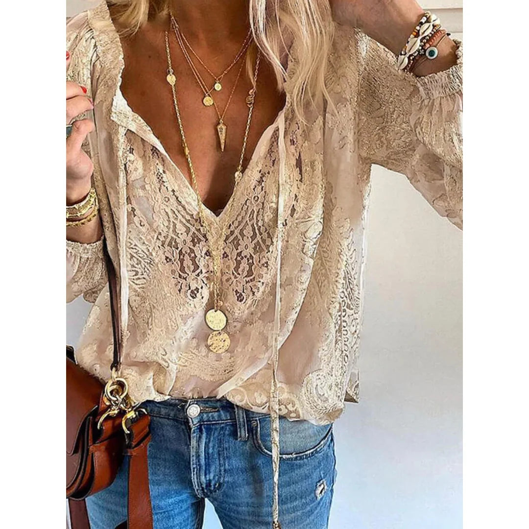 Women's lace tie neck blouse
