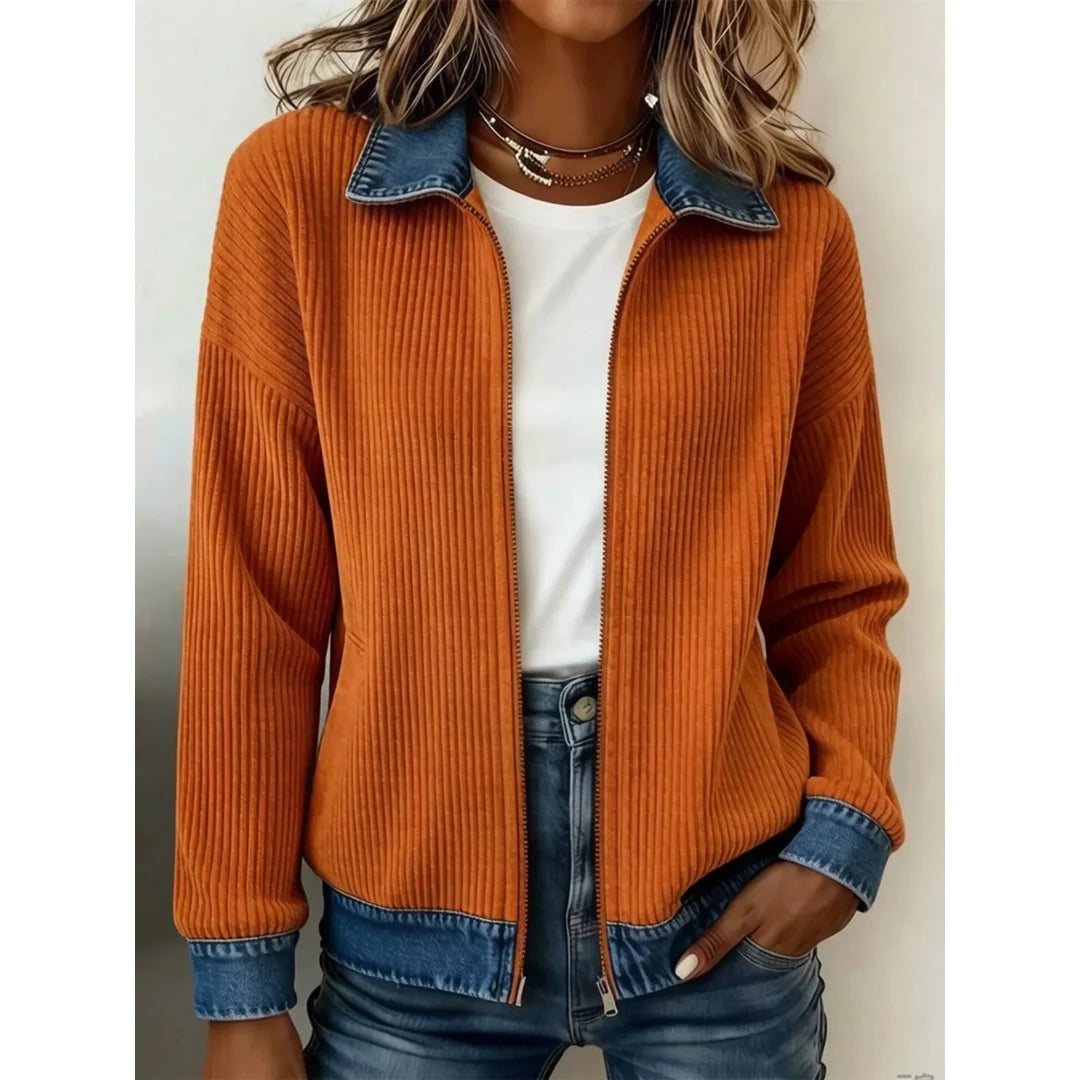 Women's ribbed knit zip jacket with denim-look collar in orange