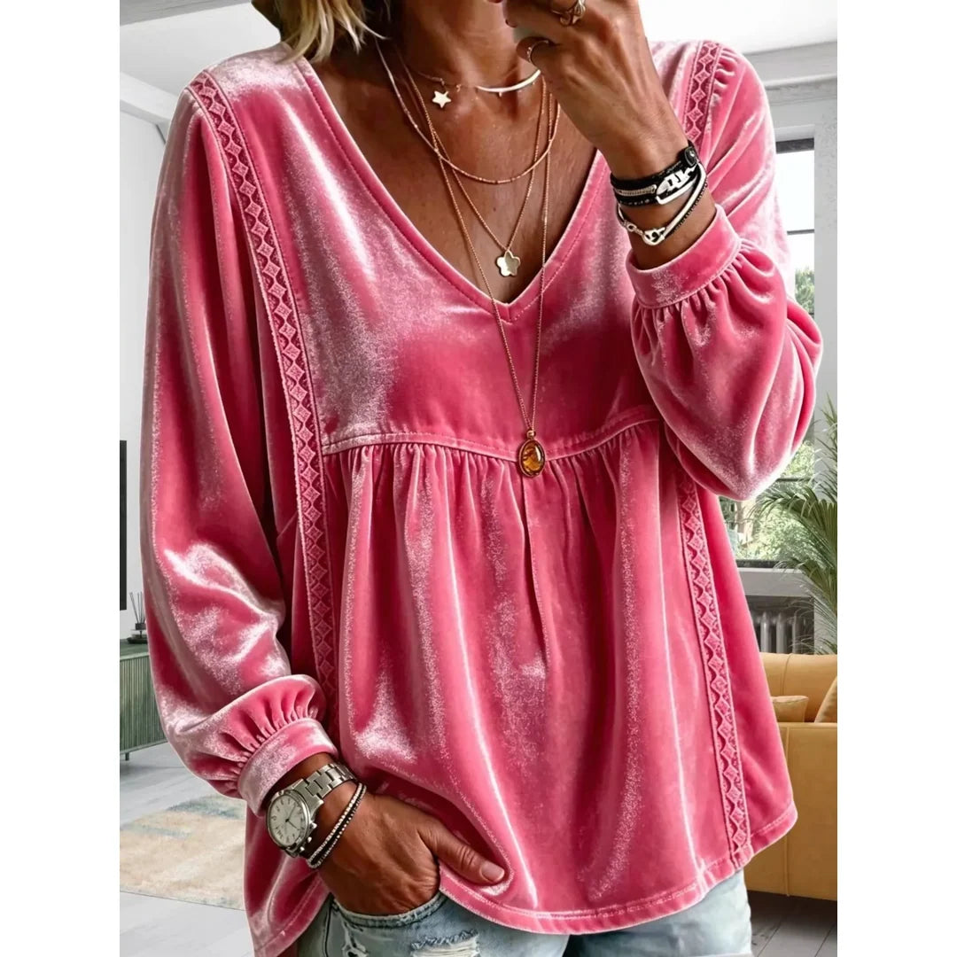 Women's velvet-touch lace detail V-neck blouse in fuchsia pink