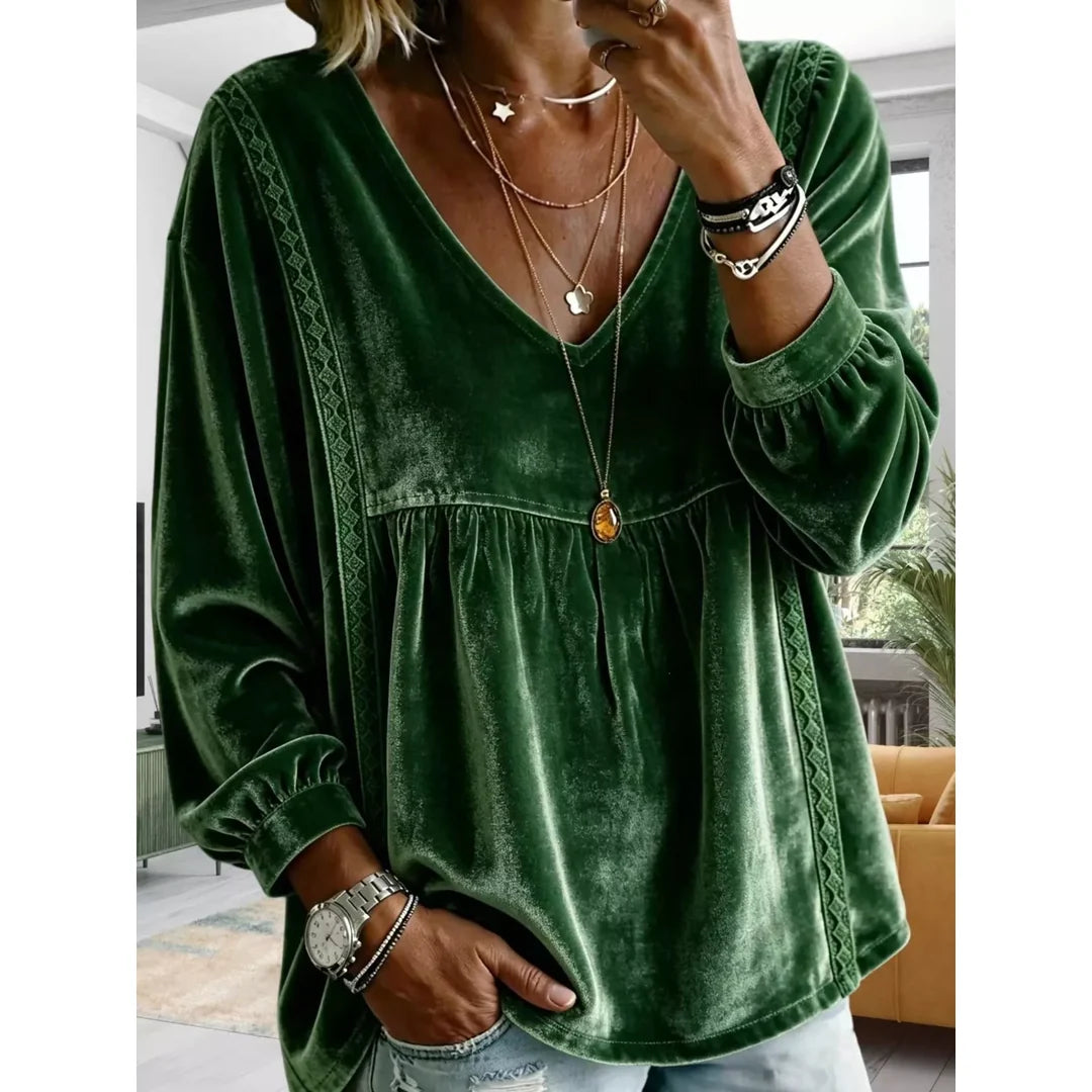Women's velvet-touch lace detail V-neck blouse in dark green