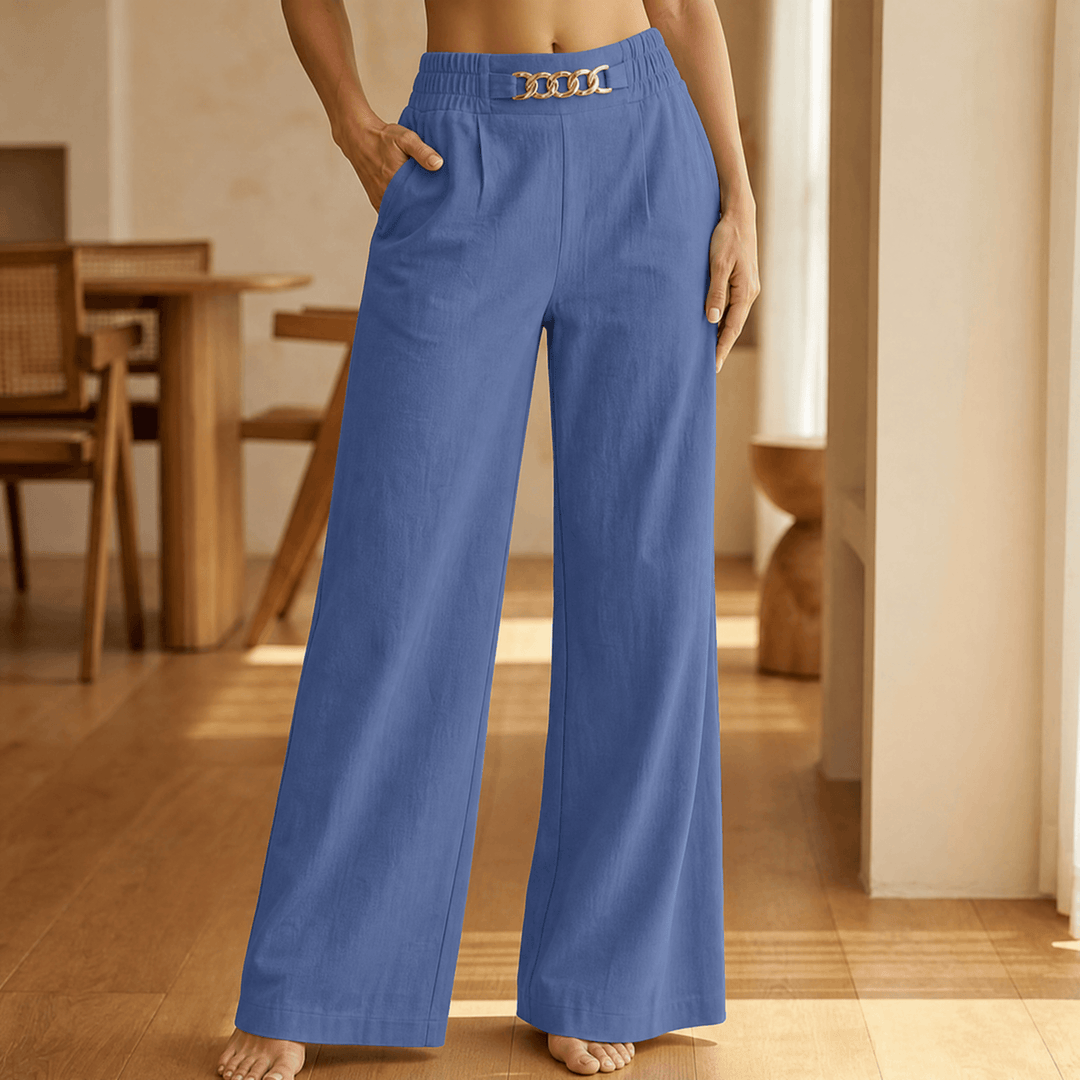 Women's wide leg trousers with gold chain detail in blue