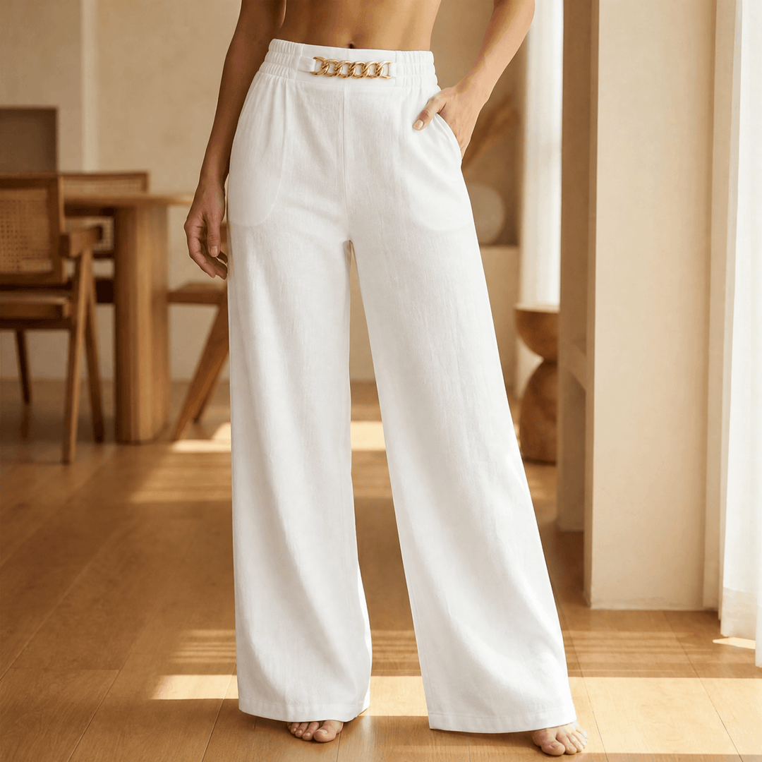 Women's wide leg trousers with gold chain detail in white