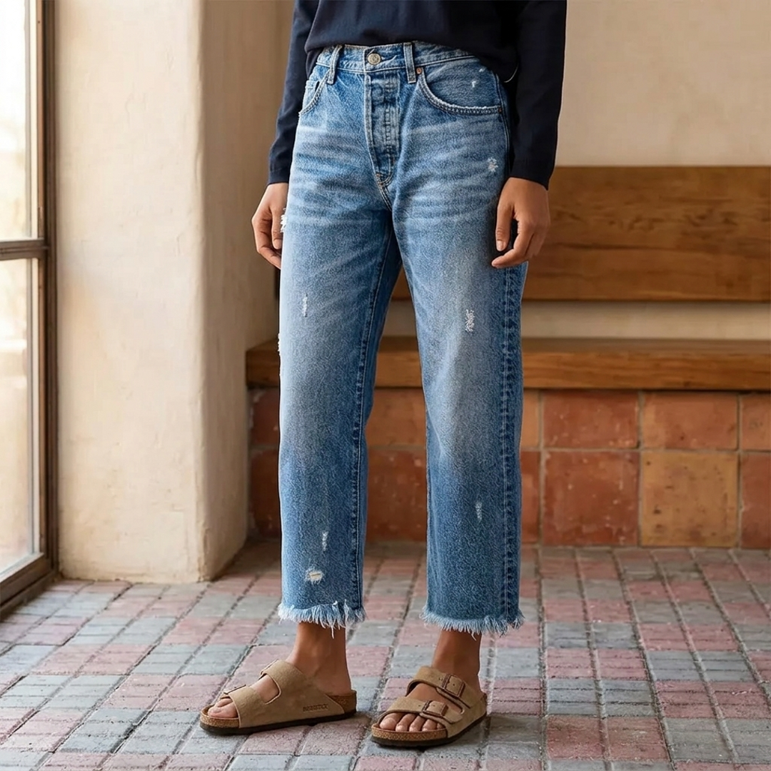 Women's fringed cropped straight leg jeans