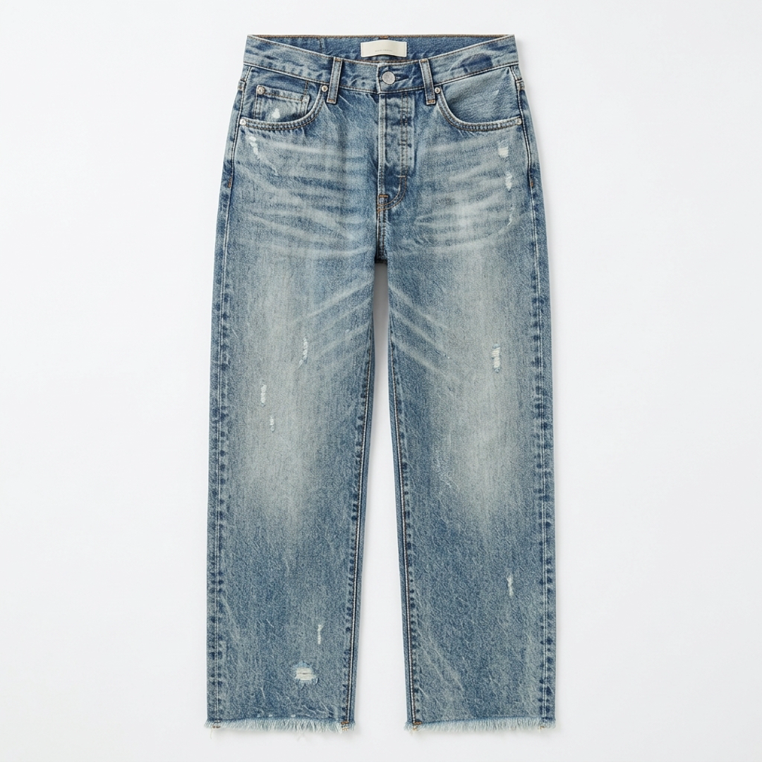 Women's fringed cropped straight leg jeans in vintage blue