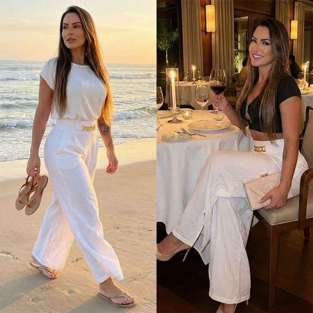 Women's wide leg trousers with gold chain detail