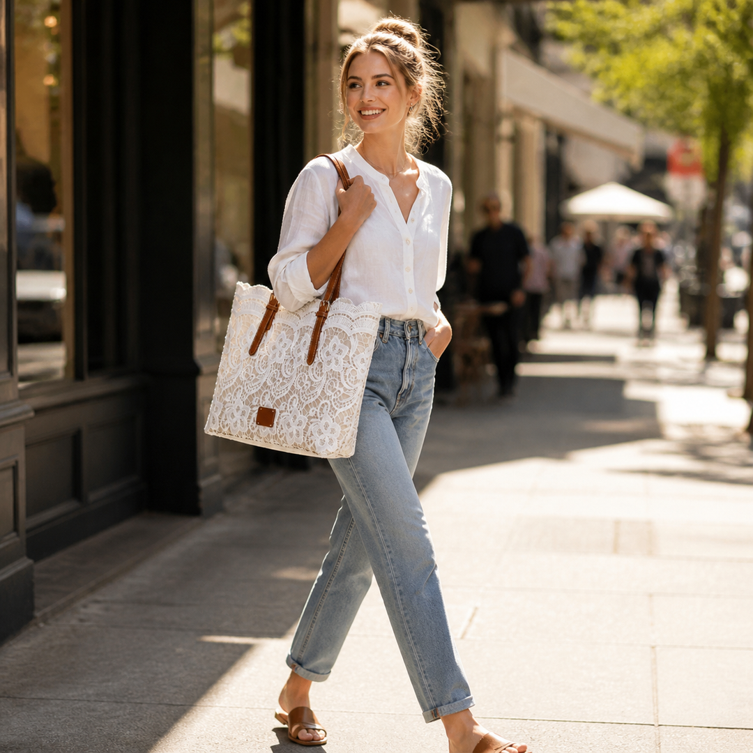 Women's floral lace shoulder tote bag