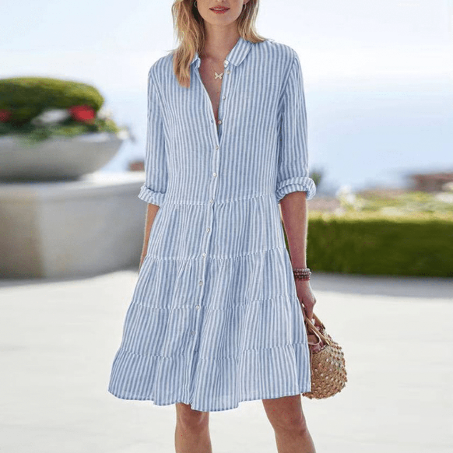 NOA | STRIPED BUTTON FRONT MIDI DRESS