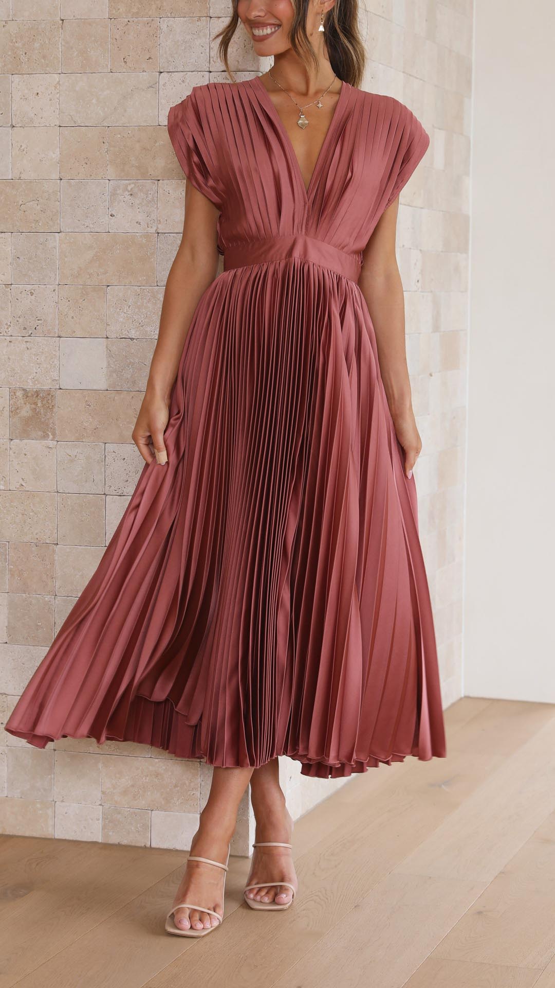 NOA | PLEATED V-NECK MIDI DRESS